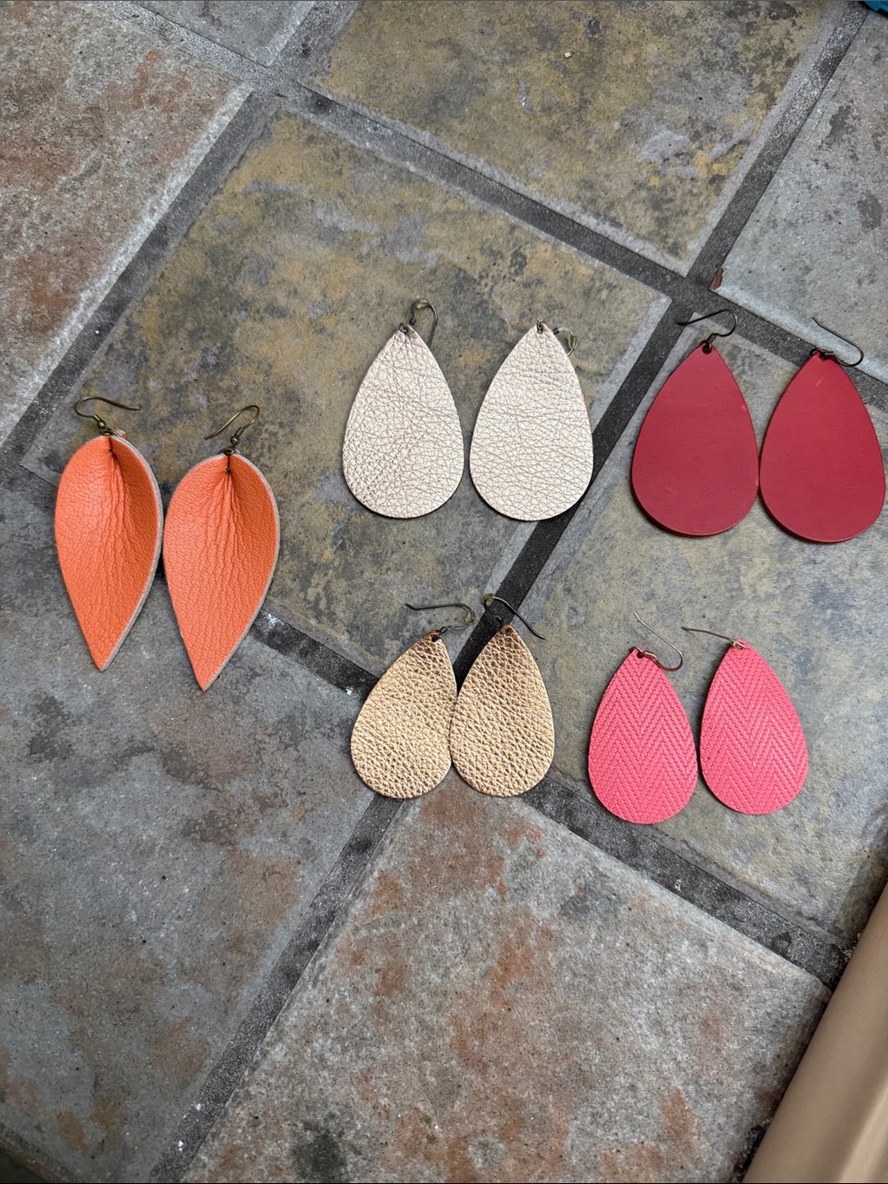 Pink, Orange, Red  Teardrop Leather Earrings Set
